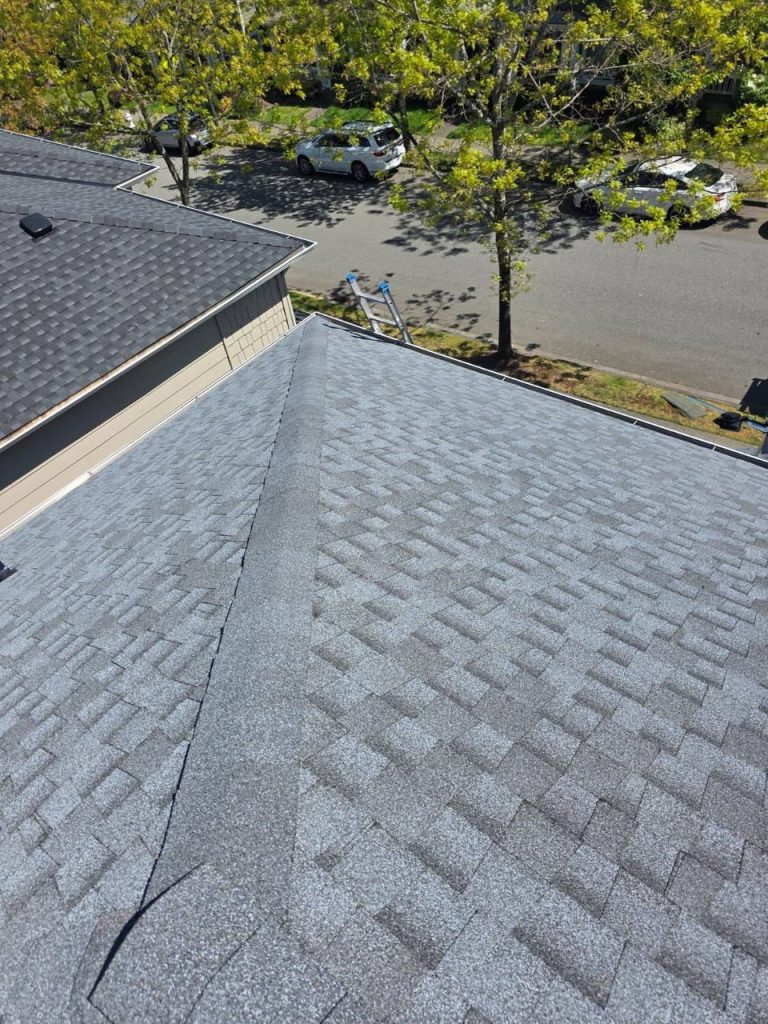 Asphalt shingle roof hip and ridge on a Pacific Northwest home