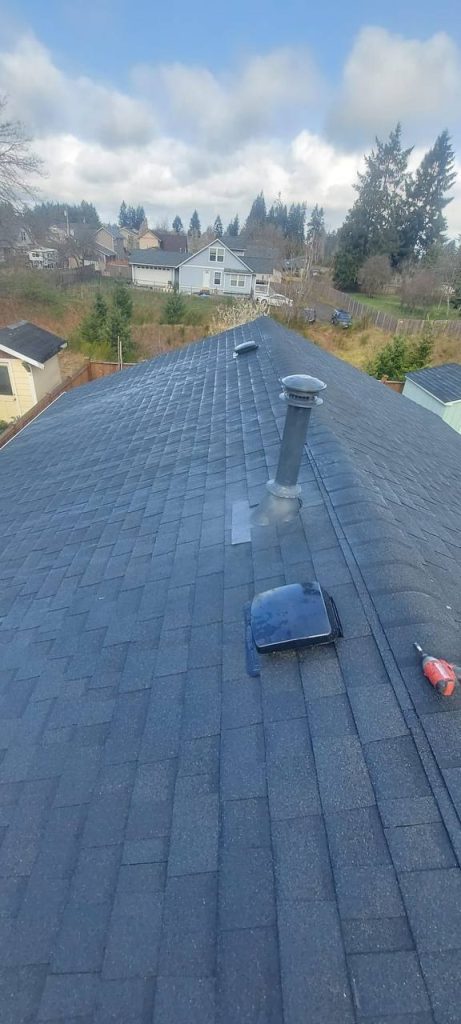 Asphalt shingle roof ridge overlooking a residential cul-de-sac